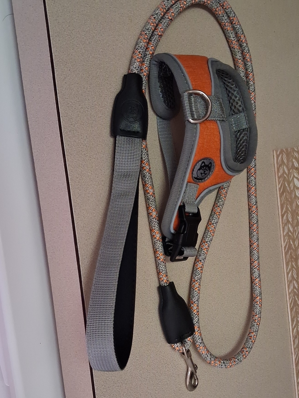 Orange and Gray Padded Dog Harness with Matching Rope Leash